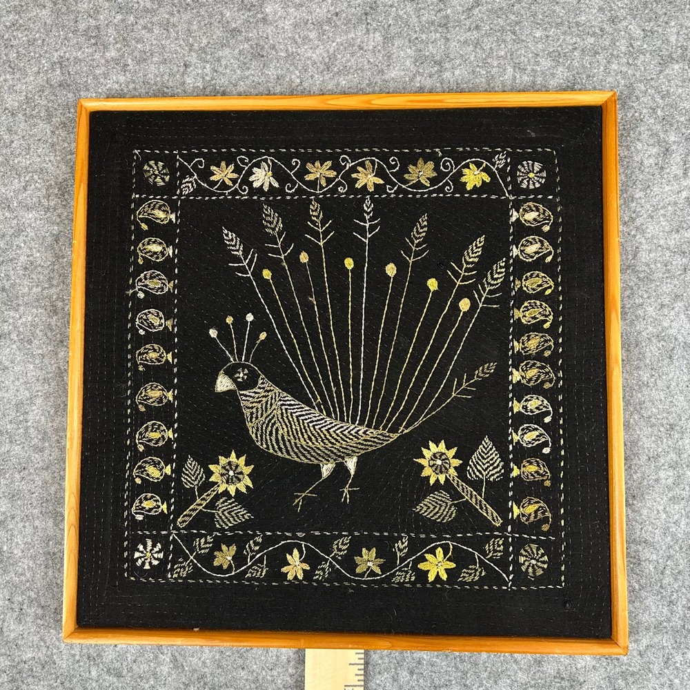 Vintage Framed Indian Folk Art Peacock Embroidery Gold Thread Textile Boho Art